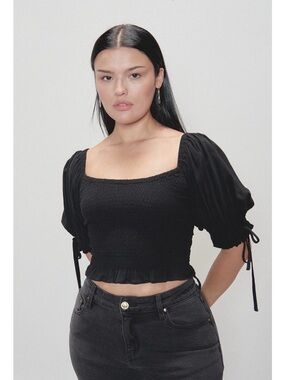 Fashion Brand Company Black Smocked Square-Neck Puff Sleeve Crop Top